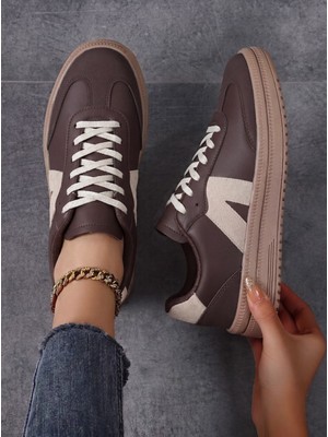 Esport Kadın Sneaker Yüksek Taban Ortopedik Bağcıklı Spor Ayakkabı Retro KAHVE-011