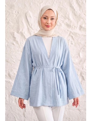 Modestim Önü Bağlamalı Kimono Tesettür Tunik Mavi Oversize Yeni Sezon Rahat Kalıp Önü Baglamalı Tesettür Tunik