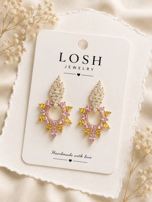 Moda Gold Kaplama Pembe Taşlı Güneş Çiçeği Model Tasarım Kadın Küpe