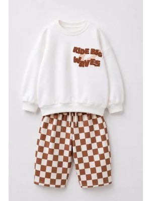 Lucco Erkek Çocuk Sweatshirt ve Damalı Eşofman Takım Kahverengi