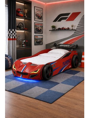 Setay Arabalı Yatak, Turbo Gtı Rüzgarlıklı Ledli Arabalı Çocuk Yatağı, 100x190 cm