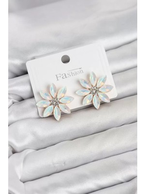 Renas Store Beyaz Renk Kristal Taşlı Lotus Çiçek Model Kadın Küpe TJ-BKP11925