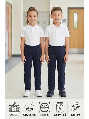 Likralı Keten Beli Lastikli Unisex Kız Erkek Okul Pantolonu
