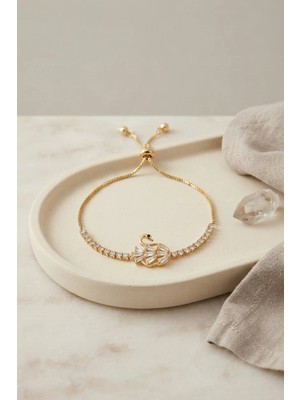 Renas Store Gold Renk Zirkon Taşlı Pirinç Kuğu Model Asansörlü Bileklik TJ-BB8840