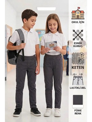 Likralı Keten Beli Lastikli Unisex Kız Erkek Okul Pantolonu