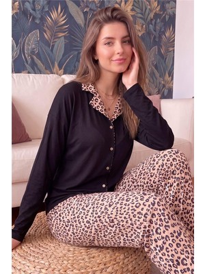 Pijama Evi Siyah Pars Desenli Bambu Önden Düğmeli Uzun Kol Kadın Pijama Takımı