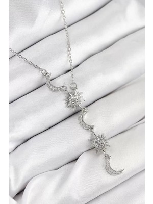 Renas Store 316L Çelik Zirkon Taşlı Güneş ve Ay Model Gümüş Renk Kadın Kolye TJ-BKO10549