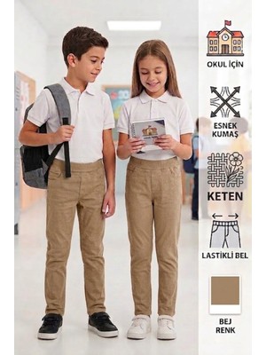 Likralı Keten Beli Lastikli Unisex Kız Erkek Okul Pantolonu