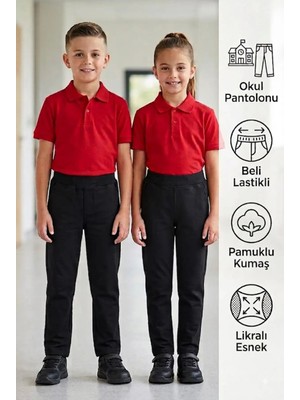 Likralı Keten Beli Lastikli Unisex Kız Erkek Okul Pantolonu
