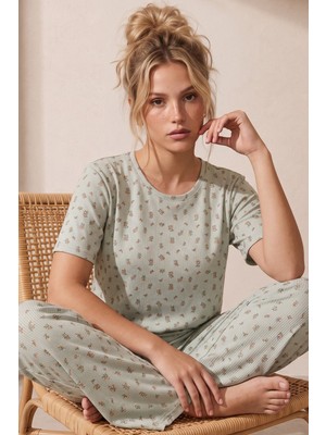 Siyah İnci Mint Yeşili Desenli Pamuklu Fitilli Kaşkorse Örme Pijama Takım 26120401
