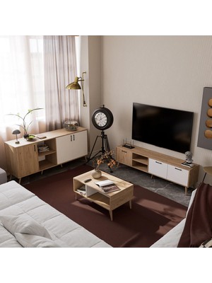 Mezza Set 1585-2074-1624 Exxen (Ahşap Ayaklı) Tv Ünitesi - Orta Sehpa - Konsol Seti Sepet - Beyaz