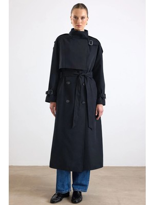 Olcay Dik Yaka Pelerin ve Pat Detaylı Oversize Su Itici Özellikli Trençkot Siyah 6892