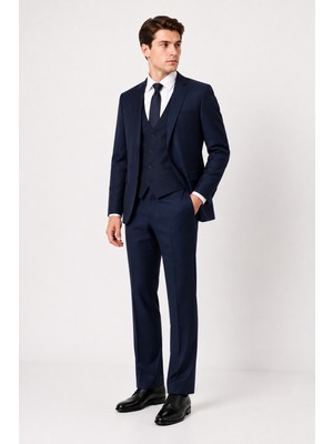 Bihan Store Erkek 6 Drop Slim Fit Yelekli Takım Elbise Çift Yırtmaç Altın Kuş Gözü - Koyu Indigo