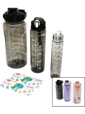 Melonika Matara 3pcs Şeffaf Renkli 500-900-2000ML Pipetli Motivasyon Suluk Matara Telefonluklu Crc