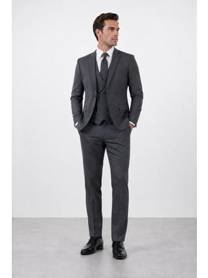 Bihan Store Erkek 6 Drop Slim Fit Yelekli Takım Elbise Çift Yırtmaç Altın Kuş Gözü - Füme