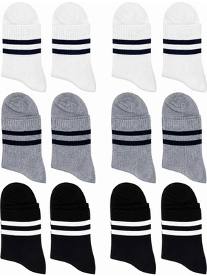 TeknoKapsül Unisex Çizgili Kısa Konç 12'li Bilek Çorabı, %80 Pamuklu Parfümlü, Dikişsiz Burun, Siyah Beyaz Gri, Yumuşak Günlük Spor Çorap