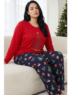 Siyah İnci Kırmızı Yılbaşı Temalı Pamuklu Likralı Büyük Beden Battal Boy Örme Pijama TAKIM26240934