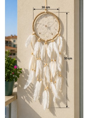 Beyaz Tüylü Bohem Düş Kapanı 16 cm Kasnak 55 cm Dekoratif Duvar Süsü