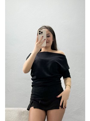 Belendir Kadın Örme Modal Drapeli Bluz Siyah