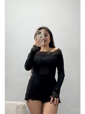 Belendir Kadın Kaşmir Transparan Düşük Omuz Dantelli Bluz Siyah