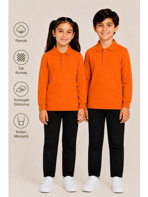 Uzun Kollu Polo Yaka Tok Kumaş Pamuk Okul Tişörtü Unisex Okul Forması