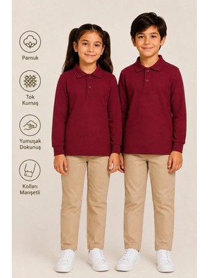 Uzun Kollu Polo Yaka Tok Kumaş Pamuk Okul Tişörtü Unisex Okul Forması