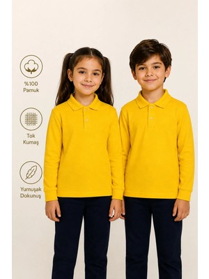 Uzun Kollu Polo Yaka Tok Kumaş Pamuk Okul Tişörtü Unisex Okul Forması