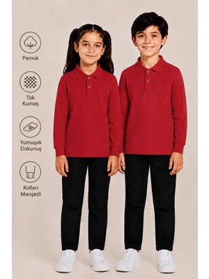 Uzun Kollu Polo Yaka Tok Kumaş Pamuk Okul Tişörtü Unisex Okul Forması