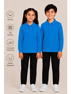 Uzun Kollu Polo Yaka Tok Kumaş Pamuk Okul Tişörtü Unisex Okul Forması