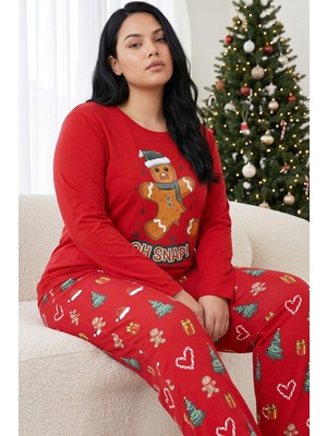 Siyah İnci Kırmızı Yılbaşı Temalı Pamuklu Likralı Büyük Beden Battal Boy Örme Pijama TAKIM26240926