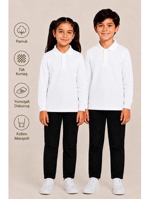 Uzun Kollu Polo Yaka Tok Kumaş Pamuk Okul Tişörtü Unisex Okul Forması