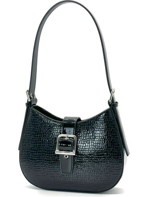 V'SHINE Model 3088 - Ayarlanabilir Askılı / Tokalı Baget Çanta - Siyah Rugan K.kroko