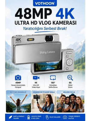 TeknoKapsül Dijital Kamera 4K Hd 48MP 8x Zoom Flaşlı Kayar Retro Video Kamera 2.4’’ Ekran 64GB Sd Kart Hediyeli Gümüş