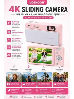 TeknoKapsül Dijital Kamera 4K Hd 48MP 8x Zoom Flaşlı Kayar Retro Video Kamera 2.4’’ Ekran 64GB Sd Kart Hediyeli Pembe