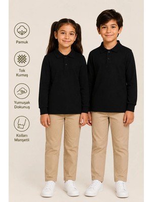Uzun Kollu Polo Yaka Tok Kumaş Pamuk Okul Tişörtü Unisex Okul Forması