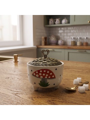 Lueeci Mantar Desenli Ayşen Seramik, Metal Kapaklı Şekerlik, Sunumluk, Çerezlik 10X10 cm
