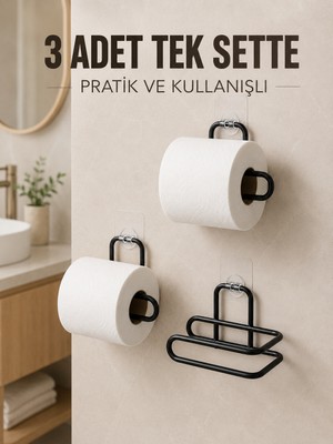 Renas Store 3 Adet Siyah Rulo Kağıt Tutucu Yapışkanlı Duvar Tipi Pratik Kağıtlık Seti - Lisinya
