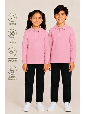 Uzun Kollu Polo Yaka Tok Kumaş Pamuk Okul Tişörtü Unisex Okul Forması