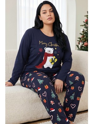 Siyah İnci Lacivert Yılbaşı Temalı Pamuklu Likralı Büyük Beden Battal Boy Örme Pijama TAKIM26240927