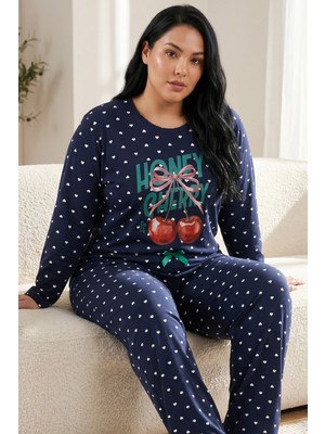 Siyah İnci Lacivert Desenli Pamuklu Likralı Büyük Beden Battal Boy Örme Pijama TAKIM26240875
