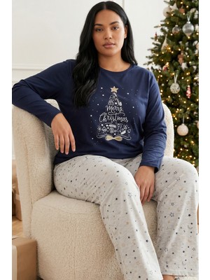 Siyah İnci Lacivert Yılbaşı Temalı Pamuklu Likralı Büyük Beden Battal Boy Örme Pijama TAKIM26240937