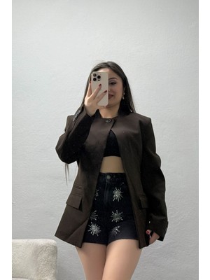 Belendir Kadın Tek Düğme Astarlı Blazer Ceket Kahve