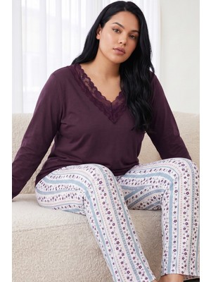 Siyah İnci Mürdüm Desenli Pamuklu Likralı Büyük Beden Battal Boy Örme Pijama TAKIM26240957