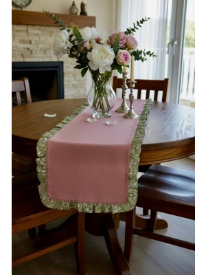 Empressco Runner Pembe Çiçekli Vintage Fırfırlı 40X130CM Duck Keten