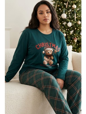 Siyah İnci Yeşil Yılbaşı Temalı Pamuklu Likralı Büyük Beden Battal Boy Örme Pijama TAKIM26240936