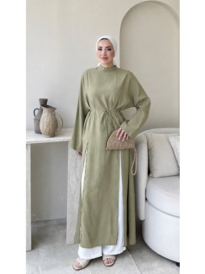 RFK Butik Kadın Seyyar Kemerli Tensel Yırtmaç Detaylı Tunik Boy Bluz - Açık Yeşil