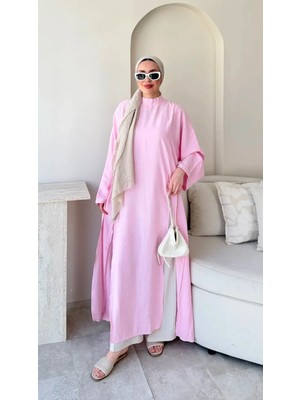 RFK Butik Kadın Seyyar Kemerli Tensel Yırtmaç Detaylı Tunik Boy Bluz - Toz Pembe