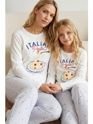 Siyah İnci Beyaz Mavi Desenli Pamuklu Likralı Örme Pijama TAKIM26241169