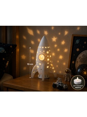 Filkorium3D Roket Gece Lambası 10 cm Plastik 3D Baskı Dekoratif Çocuk Odası Lambası LED Tealight Hediyeli