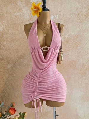 Kiss Me Kadın Kruvaze Yaka Dekolteli Toka Detaylı Büzgülü Plaj ve Gece Elbisesi